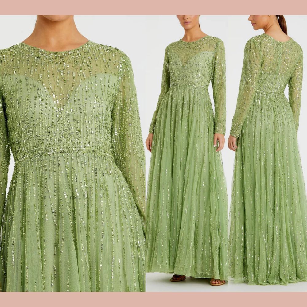 Nwt$798 Mac Duggal [ 16 ] 5636 Sequined Illusion High Neck Long Sleeve Gown Sage